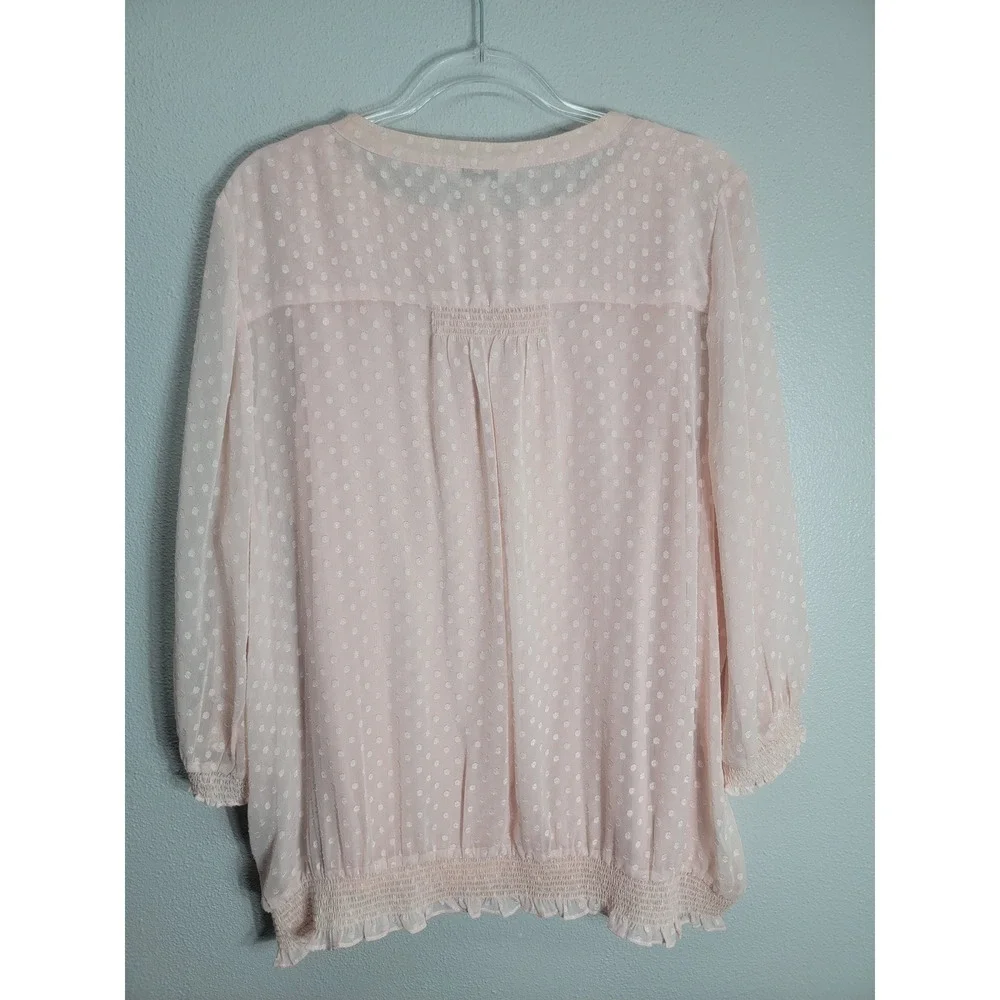 CJ Banks Women 2X Blouse Pink Swiss Dot Ruffle Smocked Hem 3/4 Sleeve Top